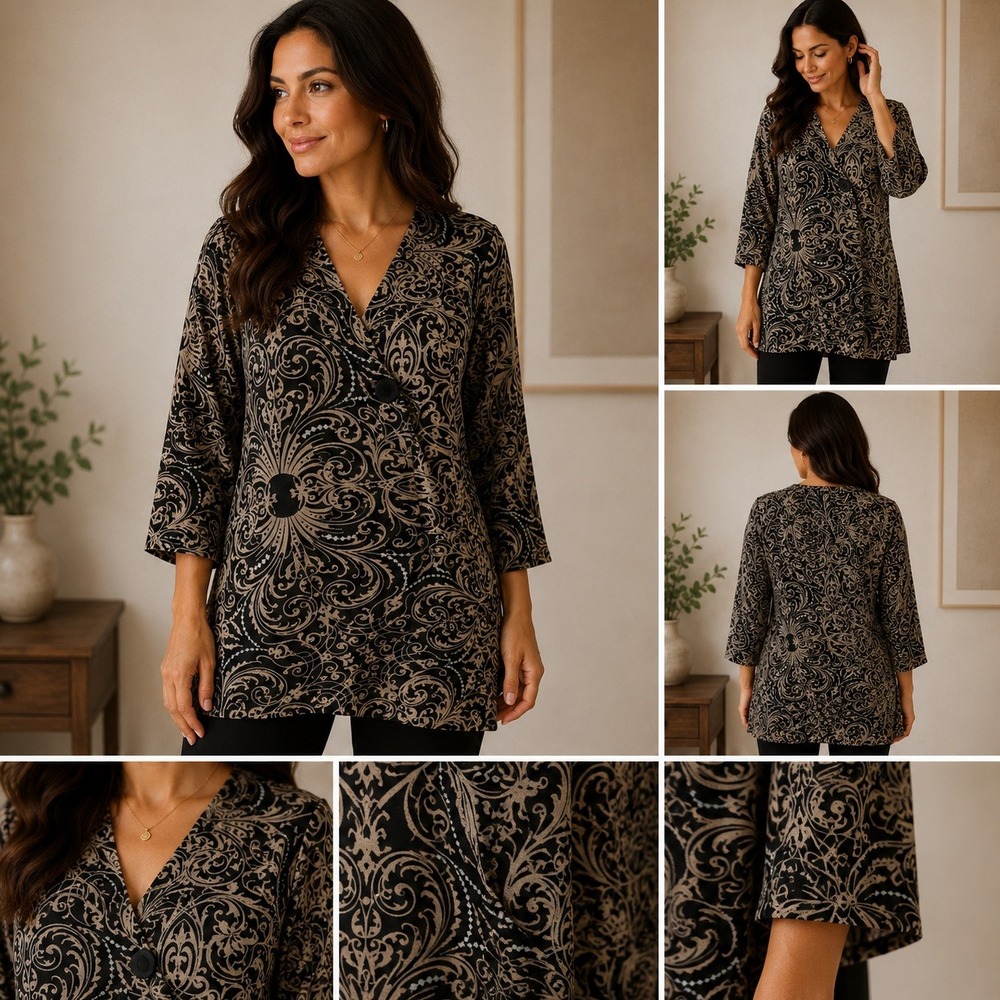 Karen Kane Womens Faux Wrap Top Black Tan Damask Scroll V-Neck 3/4 Bell Sleeve L
